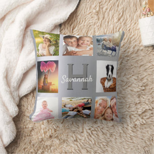 Coussin Nom monogramme du collage photo argent