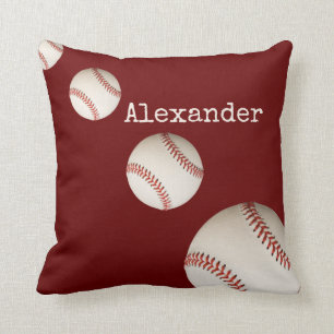 Coussin Nom monogramme maroon de base-ball sport rouge
