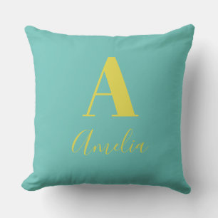 Coussin Nom monogramme minimal Turquoise Jaune