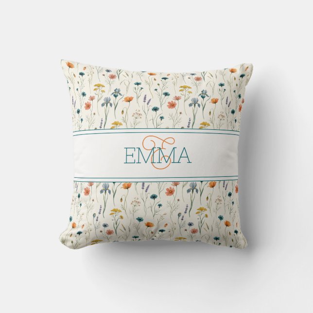 Coussin Nom Monogramme Motif Fleur Sauvage Bohème Orange S (Recto)