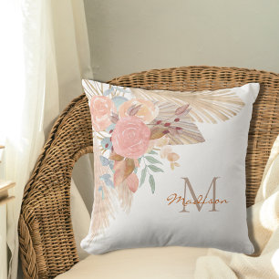 Coussin Nom Monogramme Pampas Grass Blush Rose Floral 