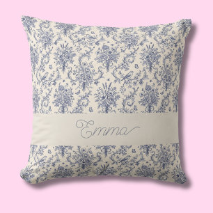 Coussin Nom Motif Toile de Jouy Bleu de Style Country Fran