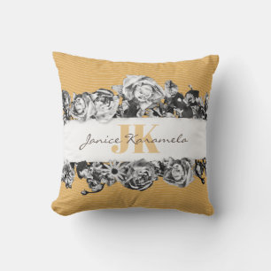 Coussin Nom personnalisable Gold Roses Chic Monogramme Lux