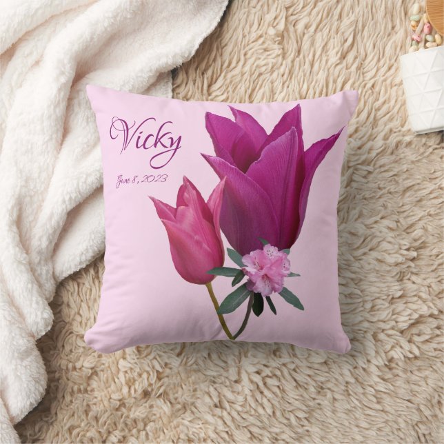 Coussin Nom personnalisable Vicky joli tulips rose floral (Couverture)