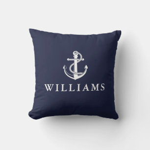 Coussin Nom personnalisé Ancre nautique Bleu marine