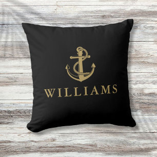 Coussin Nom Personnalisé Ancre Nautique Noir Et Or