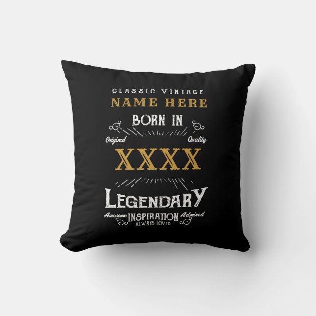Coussin Nom personnalisé Année Rétro Légende Noir Annivers (Recto)