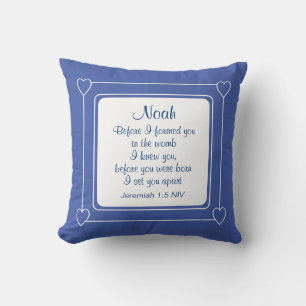 Coussin Nom personnalisé bleu et blanc Bible Verset Stried