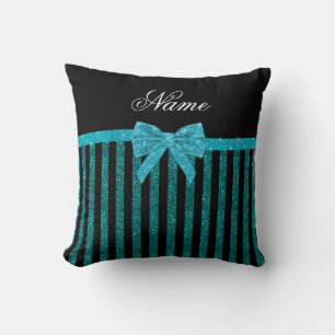 Coussin Nom personnalisé bleu parties scintillant rayures 