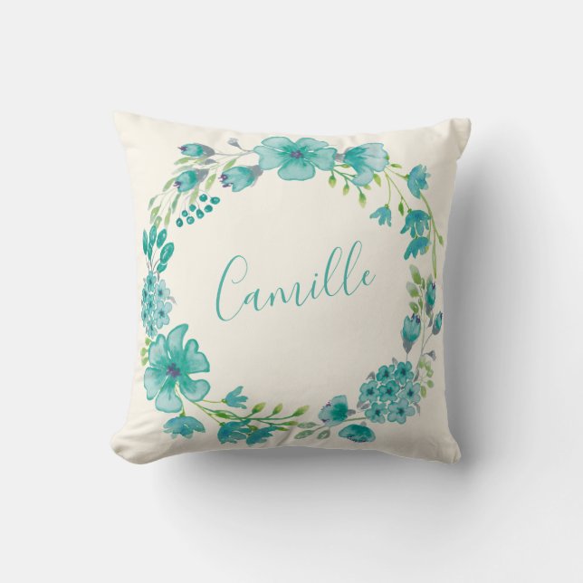 Coussin Nom personnalisé Blue Floral Wreath Home Décor (Recto)