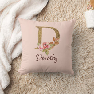 Coussin Nom personnalisé Blush Roses Rose lettre D en feui