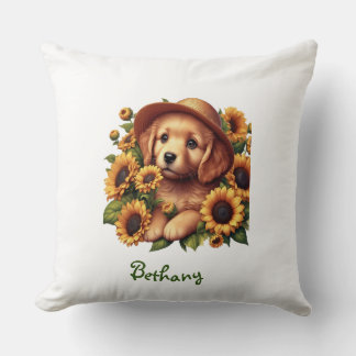 Coussin Nom personnalisé, Chiot, casquette, tournesols aqu