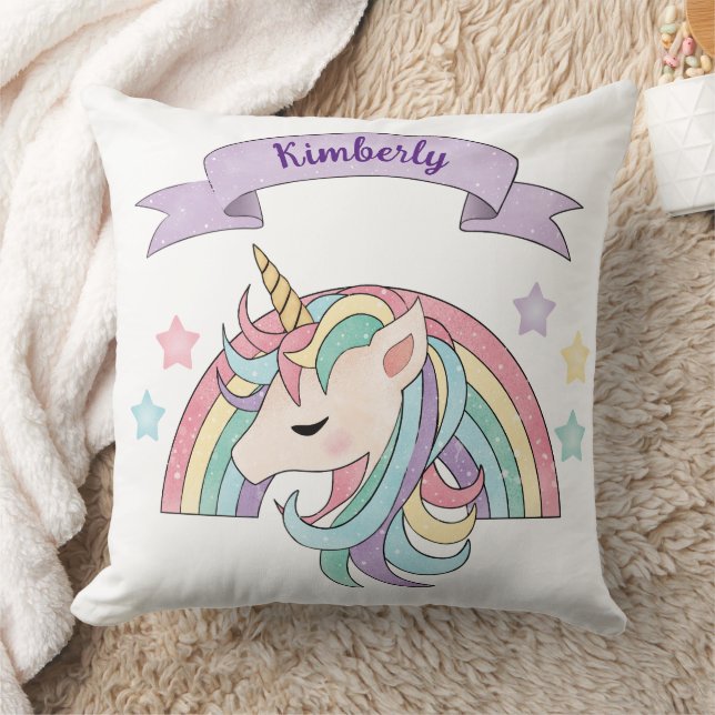 Coussin Nom personnalisé Cute Pastel Unicorn & Sparkly Rai (Couverture)