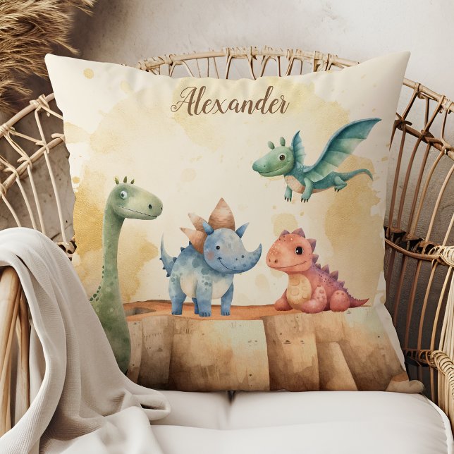 Coussin Nom personnalisé Cute Watercolor Dinosaur (Créateur téléchargé)
