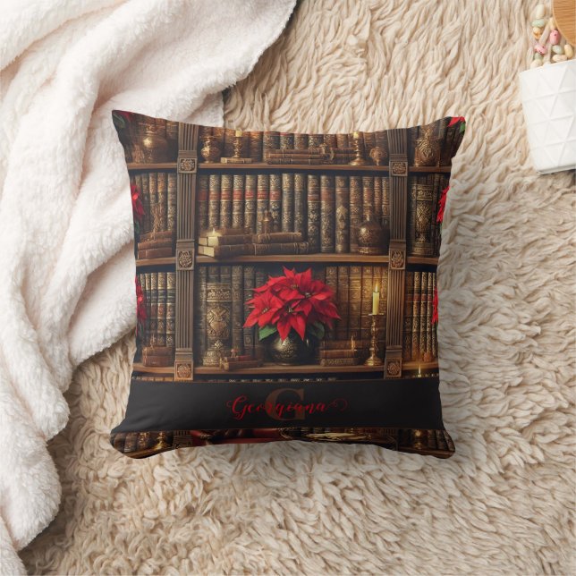 Coussin Nom personnalisé Dark Academia Poinsettia Librairi (Couverture)