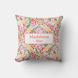 Coussin Nom personnalisé Décor Floral Colorful Nursery Art