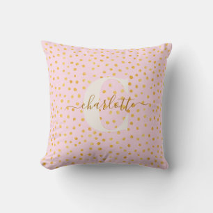 Coussin Nom personnalisé des Pois d'or rose chic