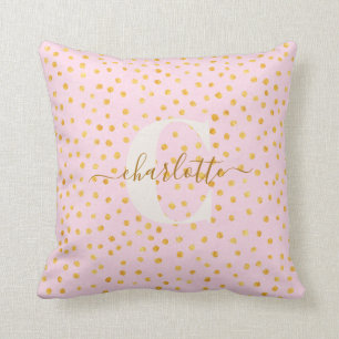 Coussin Nom personnalisé des Pois d'or rose chic
