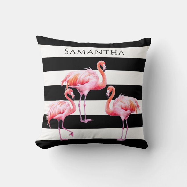 Coussin Nom personnalisé du Flamant rose rose en bande bla (Recto)