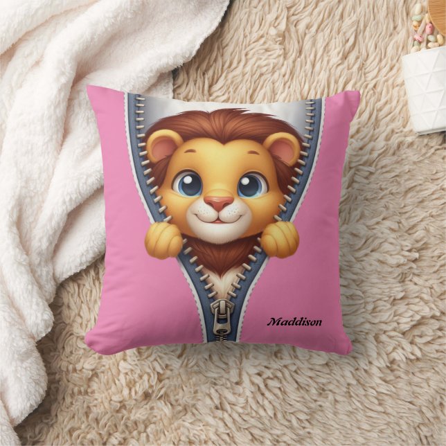 Coussin Nom personnalisé du lion des enfants mignons (Couverture)