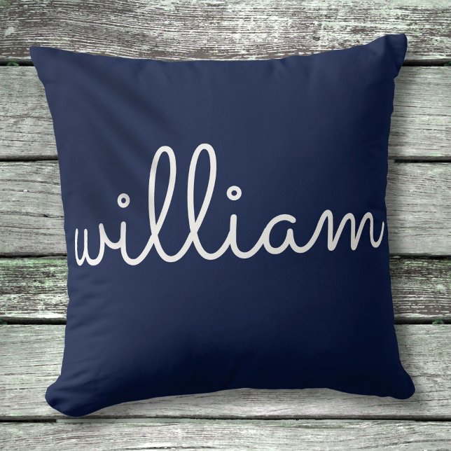 Coussin Nom personnalisé écriture moderne bleu marine (Personalized Modern Script Name Navy Blue Throw Pillow)
