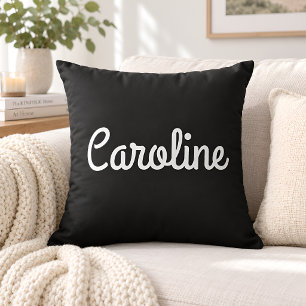 Coussin Nom personnalisé écriture noire et blanche Moderne