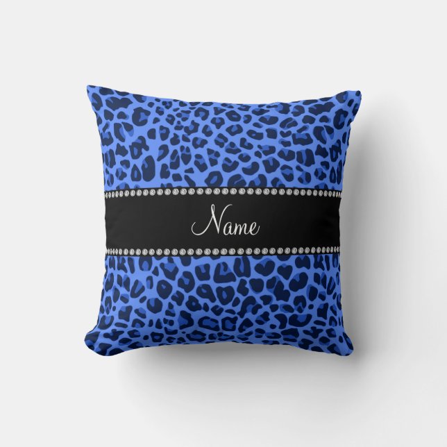 Coussin Nom personnalisé empreinte de léopard bleu (Recto)