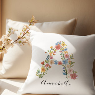 Coussin Nom personnalisé et monogramme floral 'A'