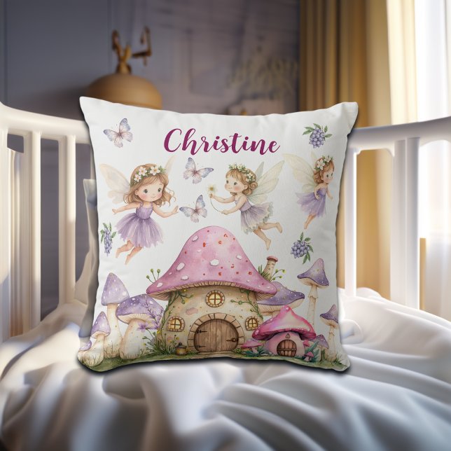 Coussin Nom personnalisé Fées magiques Champignons roses (Créateur téléchargé)