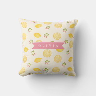 Coussin Nom personnalisé floral citron été personnalisé