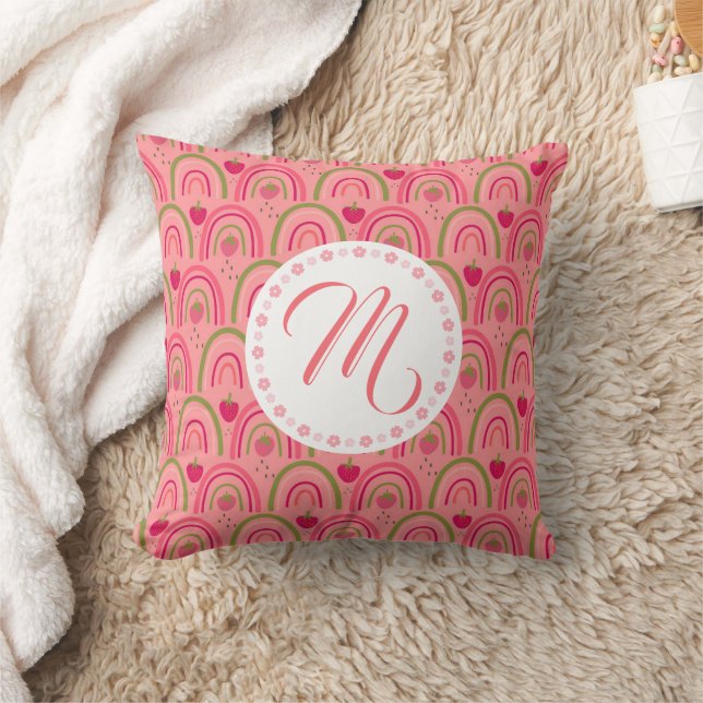 Coussin Nom personnalisé initiales arc-en-ciel fraise rose (Couverture)