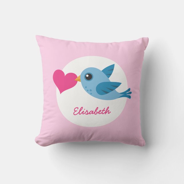 Coussin Nom personnalisé inséparable bleu à coeur rose (Recto)