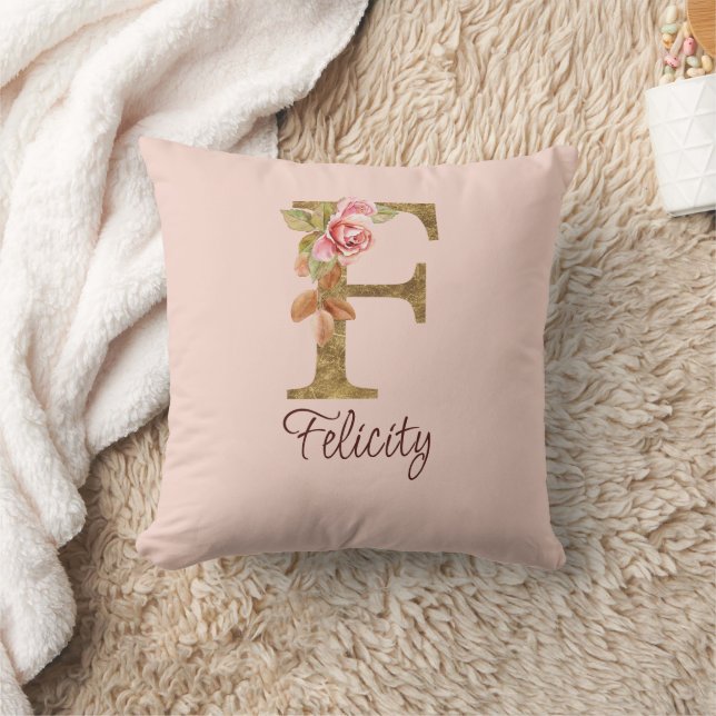 Coussin Nom Personnalisé Lettre F Gold Foil Blush Roses Ro (Couverture)