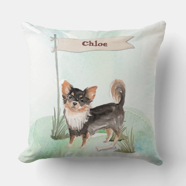 Coussin Nom personnalisé Long Haired Chihuahua Chien anima (Recto)