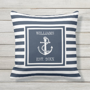 Coussin Nom personnalisé Marine Bleu Bande Ancre marine