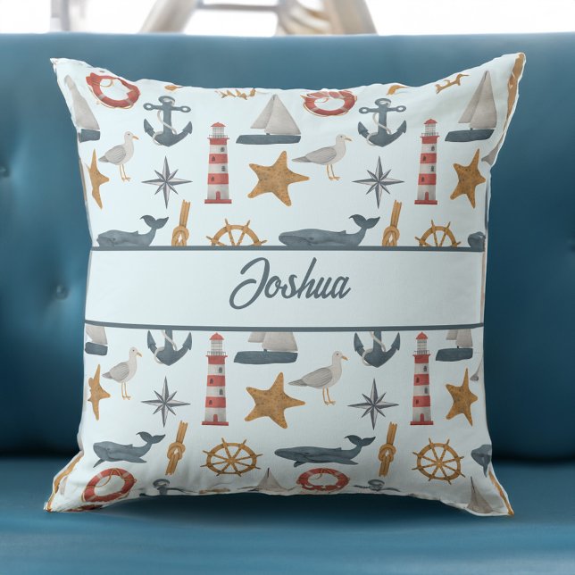 Coussin Nom personnalisé marine nautique thème marin (Personalised name collage marine nautical sailor theme throw pillow boy gifts nursery gifts)