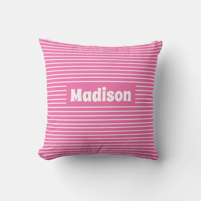 Coussin Nom personnalisé mignon simple Grilles rose et bla (Recto)