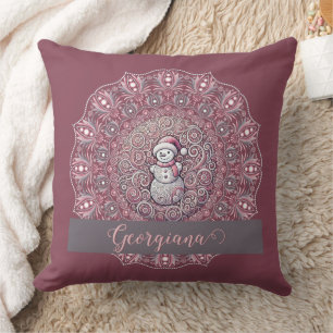 Coussin Nom personnalisé mignon Whimsical Pink Snowman Man