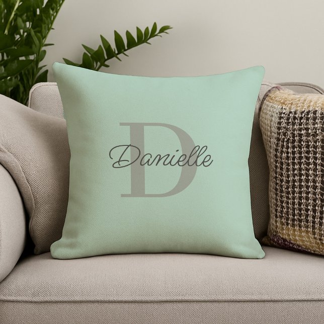 Coussin Nom personnalisé Monogramme Élégant Script Mint Gr (Créateur téléchargé)