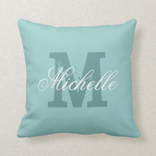 Coussin Nom personnalisé monogramme turquoise bleu lancer 