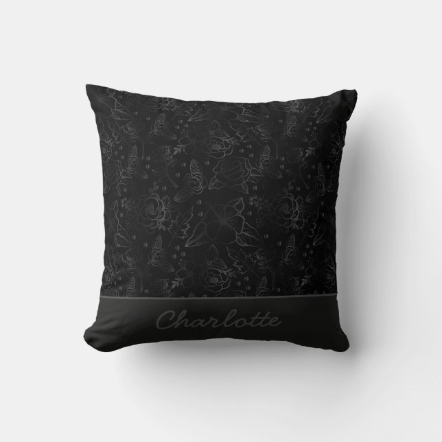 Coussin Nom personnalisé motif floral gris (Recto)