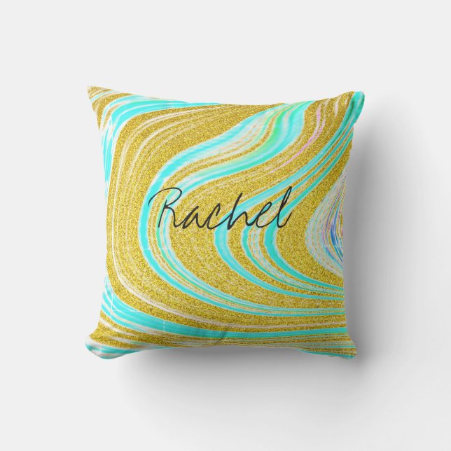 Coussin Nom personnalisé motifs abstraits bleu sarcelle ro (Recto)