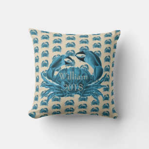 Coussin Nom personnalisé nautique Crabe en bleu et bronze