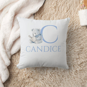 Coussin Nom personnalisé Ours bleu lisant un livre