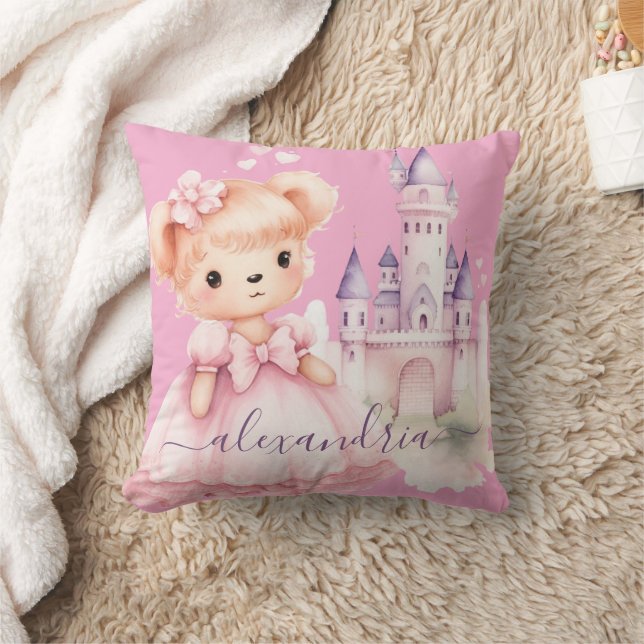 Coussin Nom personnalisé Ourson Rose Mignon Fille (Couverture)