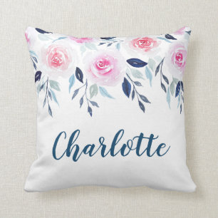 Coussin Nom personnalisé par aquarelle rose florale de