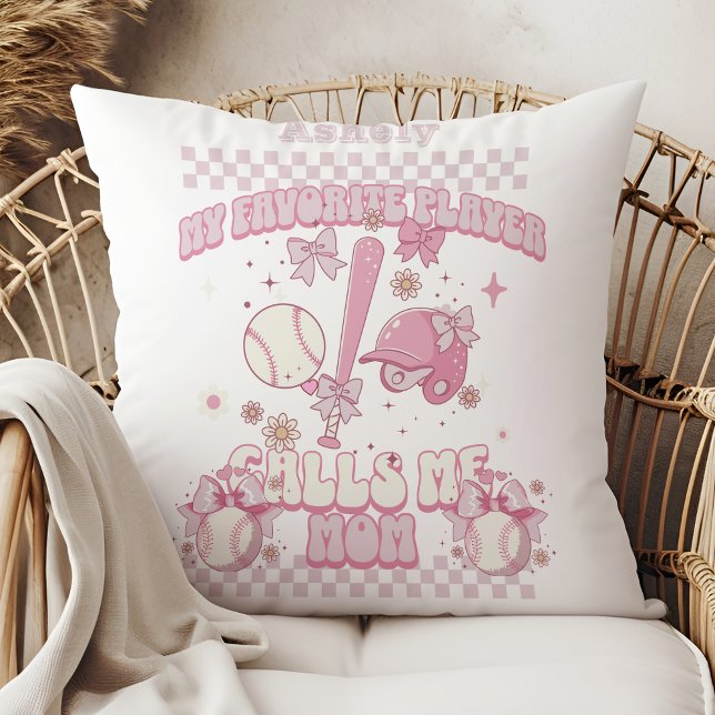 Coussin Nom personnalisé Pink Bow Basball (Créateur téléchargé)