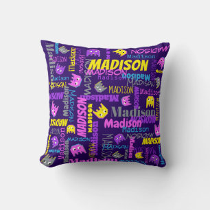 Coussin Nom personnalisé pixel jeu rose violet jaune fille
