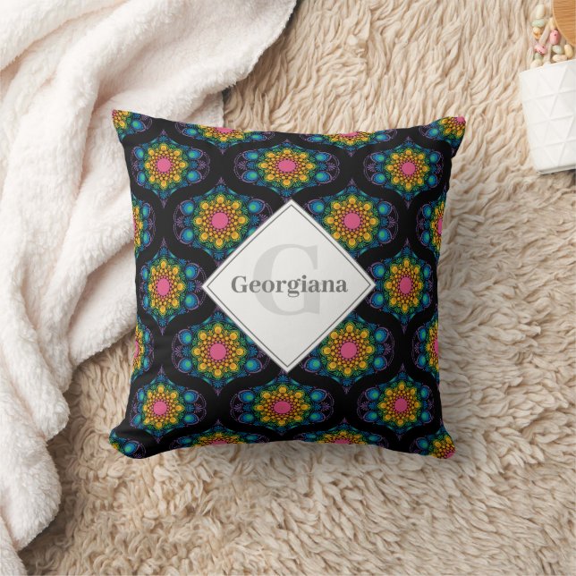 Coussin Nom personnalisé Rainbow Floral Fountain Mid Mod O (Couverture)