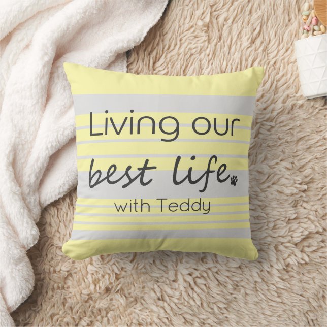 Coussin Nom personnalisé rayure jaune pastel et gris clair (Couverture)